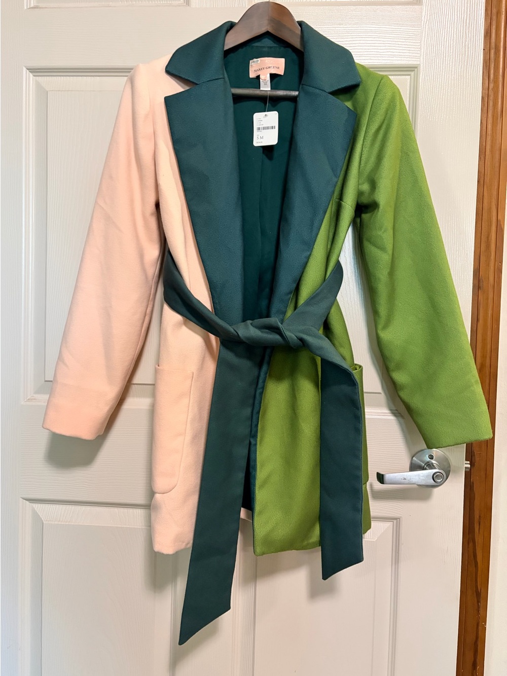 Maxey Greene two tone maternity belted wrap jacket pink and green small